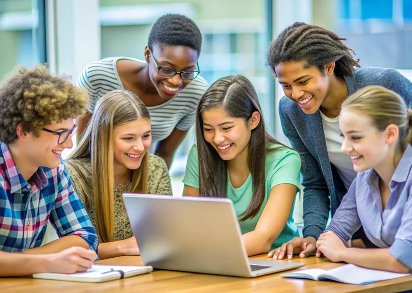 Students collaborating around a laptop